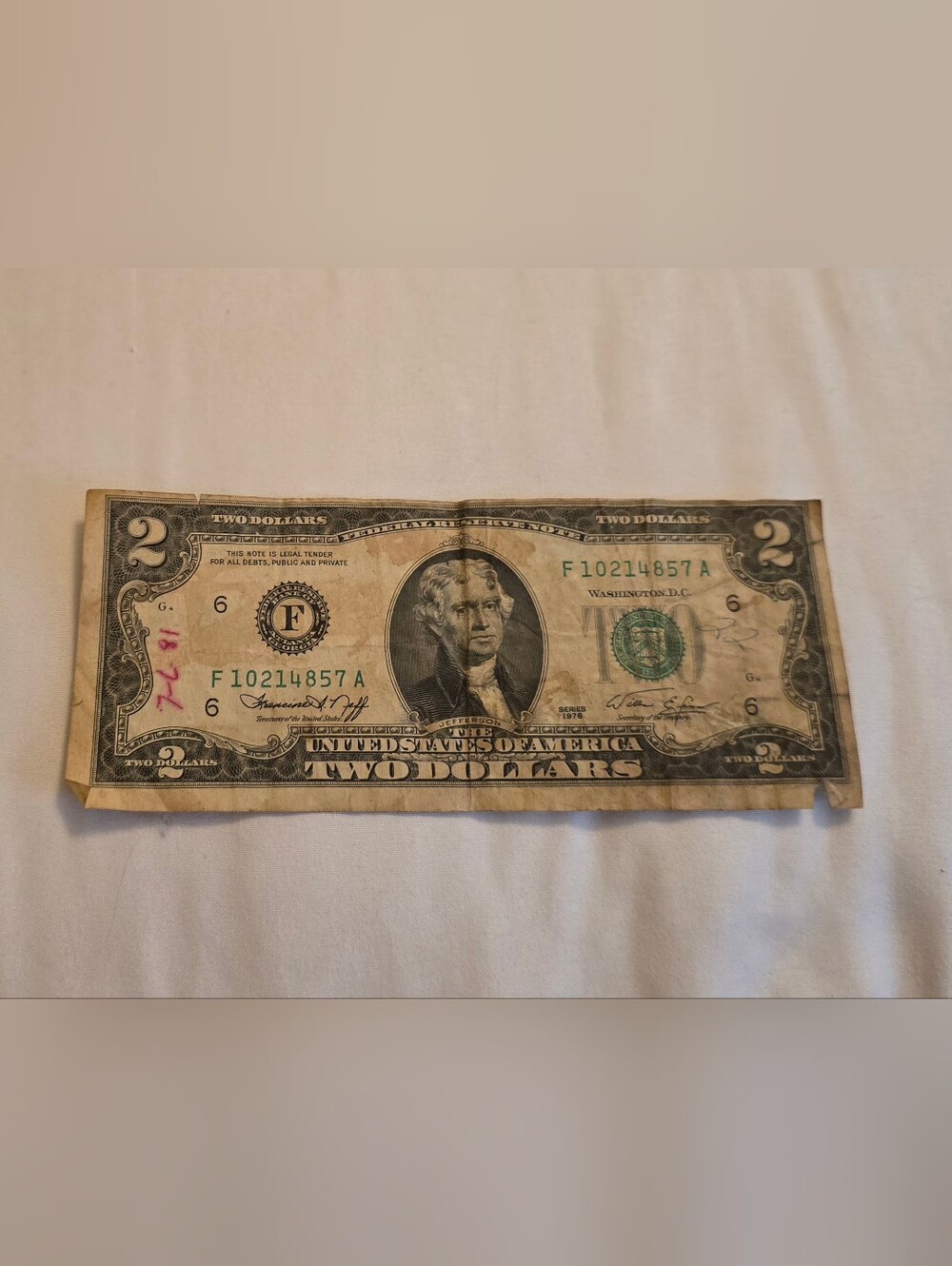 Vintage Two Dollar Bill Decorative Accent - Cream